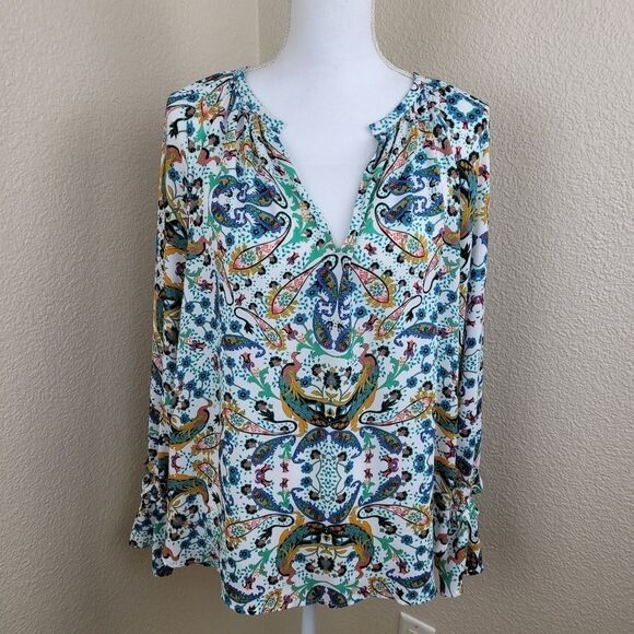 BELLE & SKY Colorful Peacock Print Top Size Large (2169) - Picture 1 of 6